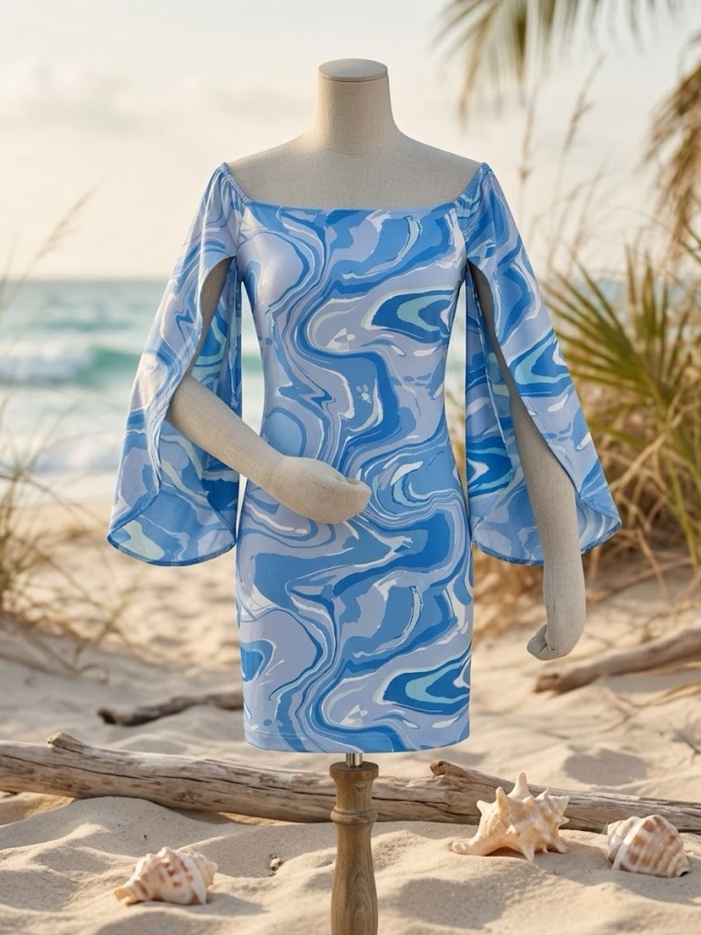 La Mer Luxe Ashby Mini Dress NWT Blue Marble Balloon Bell Sleeve Large